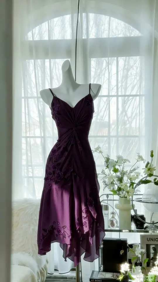 Casual Purple A-Line Spaghetti Straps Mini Women Dress with Flower Embroidery Party Dress Prom Dress RS110