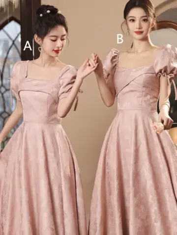 Pink short-sleeved slim-waist A-line maxi bridesmaid dress R6111