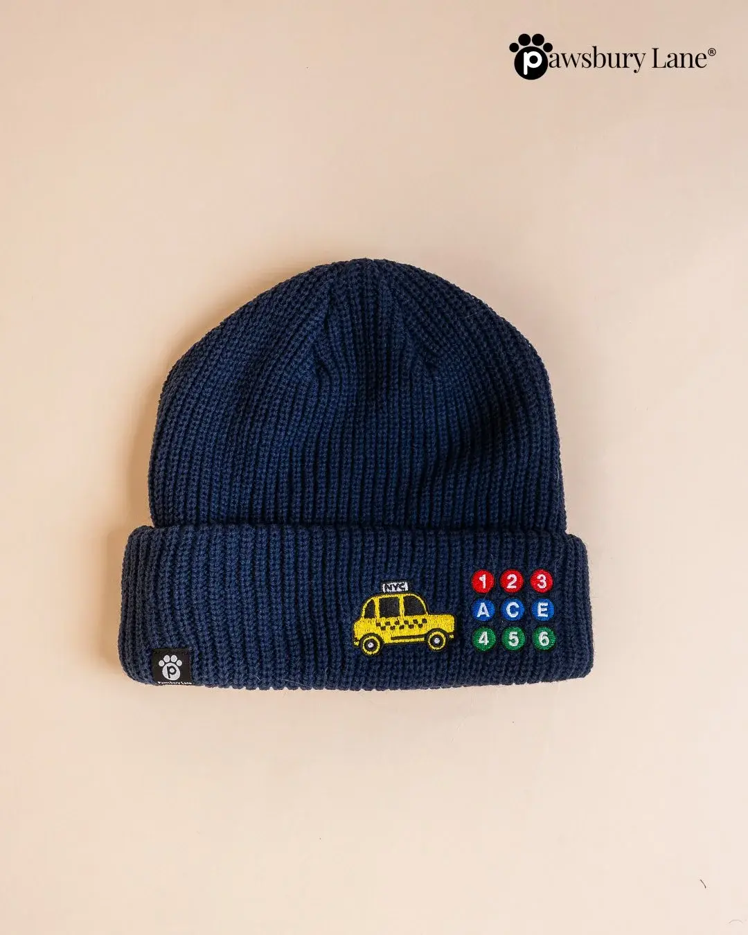 NYC Embroidered Knit Beanie – Taxi and Subway (Blue)