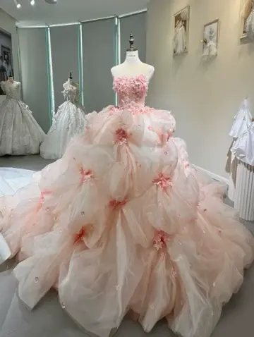 Tulle Hazy 3D Floral Corset Prom Gown ,Romantic Pink Maxi Quinceanera Dress Ball Gown RS1948