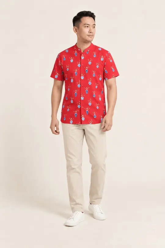 Men's Mandarin-collared Shirt - Red Vases