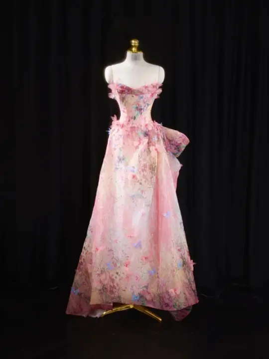 Pink floral print strapless fitted long ball gown, bridal dress R8920