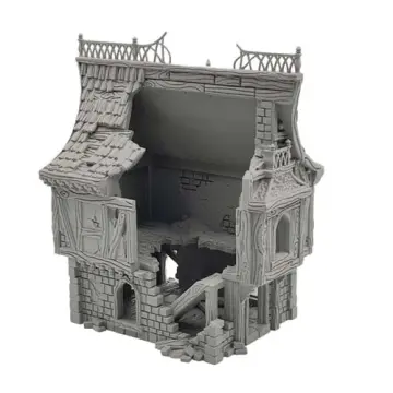 An unpainted, light grey 3D-printed tabletop miniature of a ruined two-story medieval fantasy house. The building has suffered catastrophic damage, with the entire front-center section of the walls and roof sheared away to reveal a large, open cross-section of the empty interior. The ground floor features broken stone brickwork, scattered rubble, and a collapsed wooden beam resting inside. The overhanging second floor shows damaged half-timbered walls, and the wood-shingled roof is missing its middle section, leaving a broken decorative railing along the top ridge. Isolated on a white background.