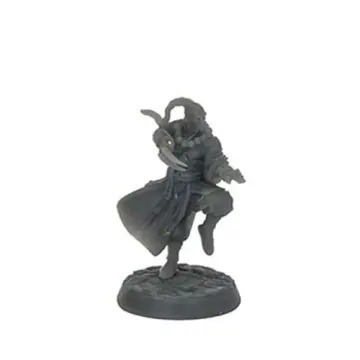 A front-view photograph of an unpainted grey resin fantasy martial arts grand master miniature against a white background. The figure is posed dynamically on one leg, wearing flowing robes and large prayer beads around his neck, with a long topknot blowing in the wind. He wields a bladed weapon attached to his right forearm with his left hand extended flat, standing on a textured cobblestone base.