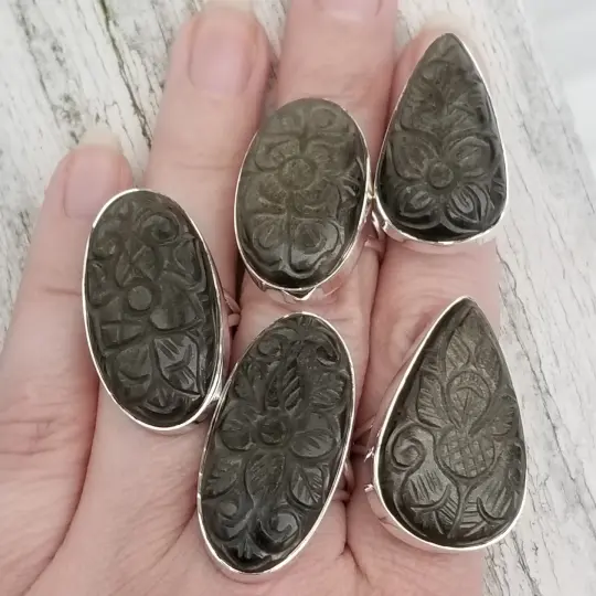 Ella - Golden Sheen Obsidian Ring in Sterling Silver  (Limited Qty - Each Carving is Unique)