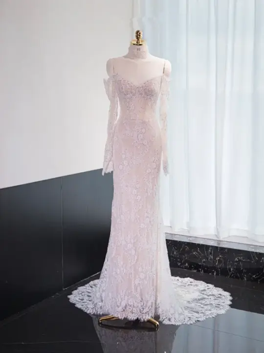 Light pink off-the-shoulder fitted long ball gown, bridal dress R8973