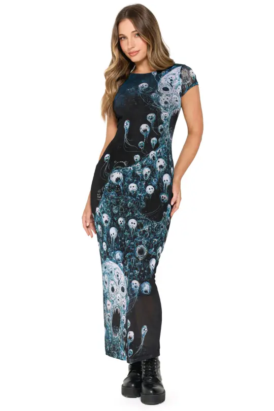 Energy Bubbles Sheer Cap Sleeve Bodycon Maxi Dress