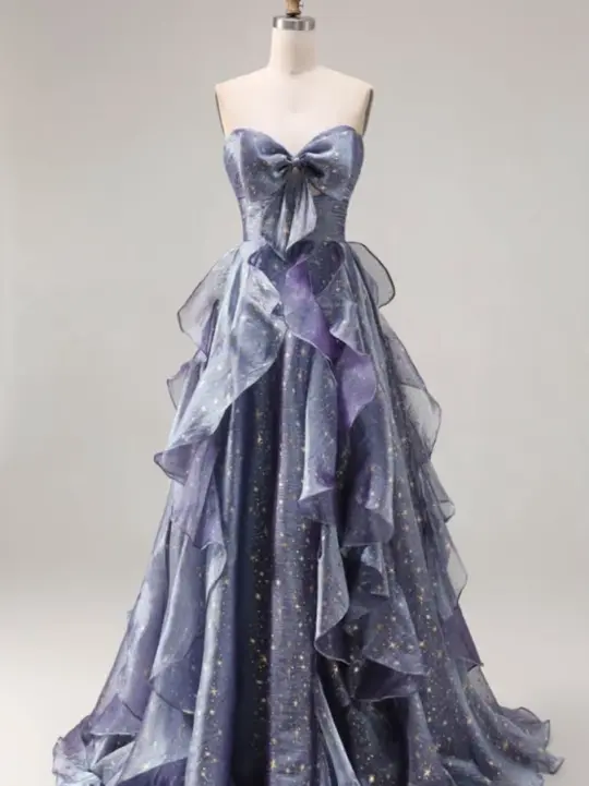 Dreamy Starry Prom Gown , Glitter Tulle Pleated Bodycon Maxi Evening Dress RS1376
