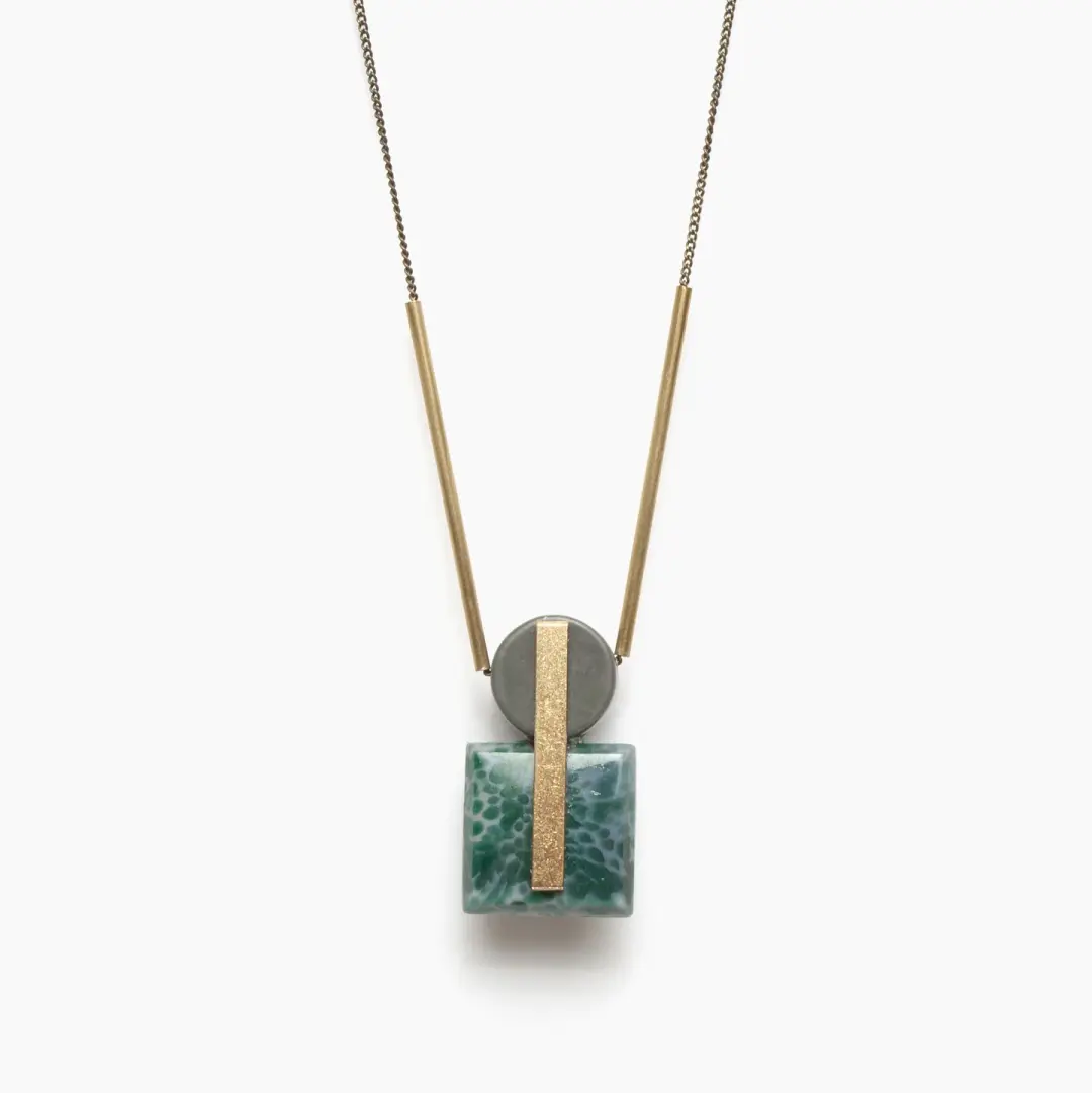 Vintage Glass and Gray Jasper Geometric Pendant Necklace