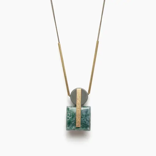 Vintage Glass and Gray Jasper Geometric Pendant Necklace