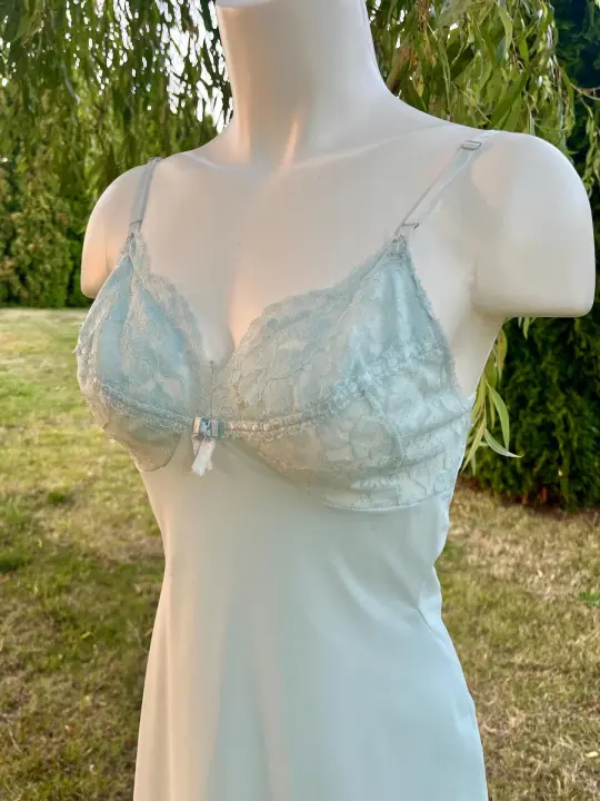 Vintage Pale Blue Lace Trim Slip Dress, Bridal Something Blue Lingerie, 90s Nightgown, Romantic Lace Trim Slip, Boudoir or Layering Dress