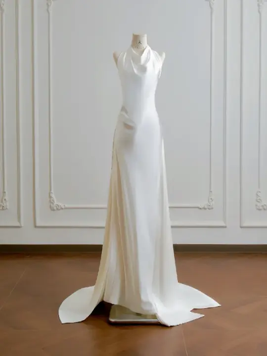 White halter-neck, fitted waist, backless, sexy bodycon long ball gown R8188