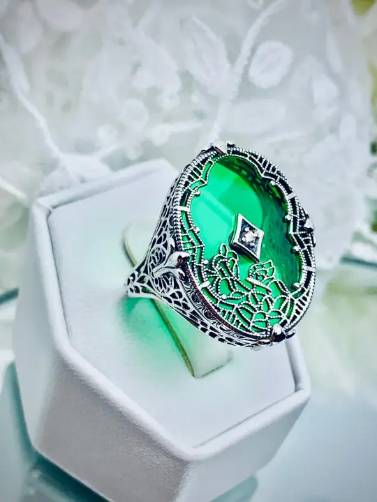 Green Camphor Glass Ring, Size 8, Oval Stained-Glass with inset, Looking Glass #D594 - Ready to Ship
