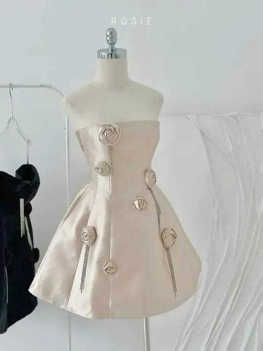 Champagne Satin Tube Top 3D Flower Slim Princess Tutu Skirt homecoming dress R2574