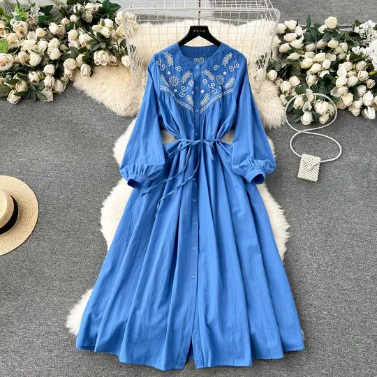 National style travel holiday dress long sleeves Bohemian retro design embroidery loose long skirt R2209