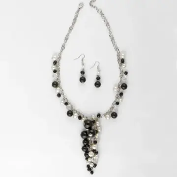 Faux Pearl, Onyx, and Crystal Beaded Drop Necklace and Earrings Set