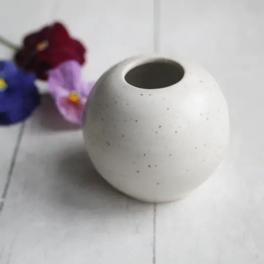Small White Speckled Vase, Round Petite Vase, Made in USA