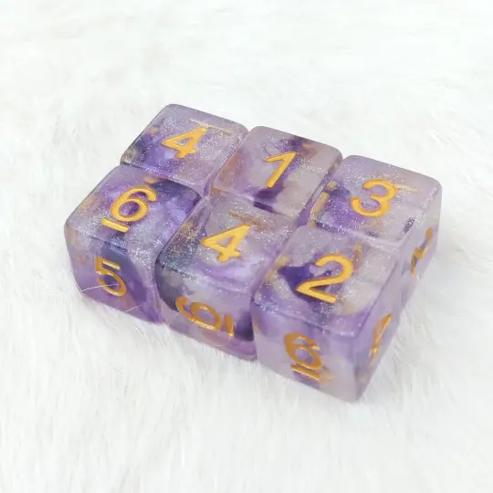 Amethyst Sparkles D6 Set – 6 Purple Shimmer Dice with Gold Font