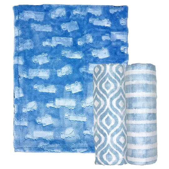 3 Stories Trading Company Baby Boys and Baby Girls 3 Piece Embossed Baby Blanket Gift Set, Blue Trucks