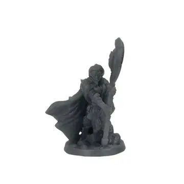Unpainted 32mm 3D-printed armoured female cleric with a tall axe-headed stave and a heavy shield — tabletop RPG miniature for D&D, Pathfinder & wargaming