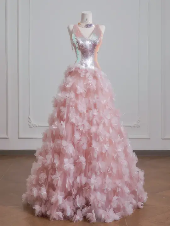 Light pink V-neck bodice with sequined tulle floral skirt, a ball gown or wedding dress R8224