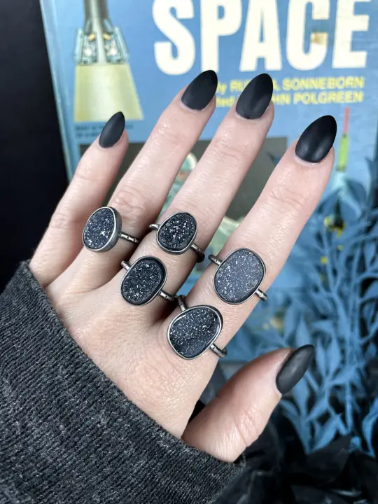 Sparkly Black Druzy Crystal Rings - Size 7.5 left