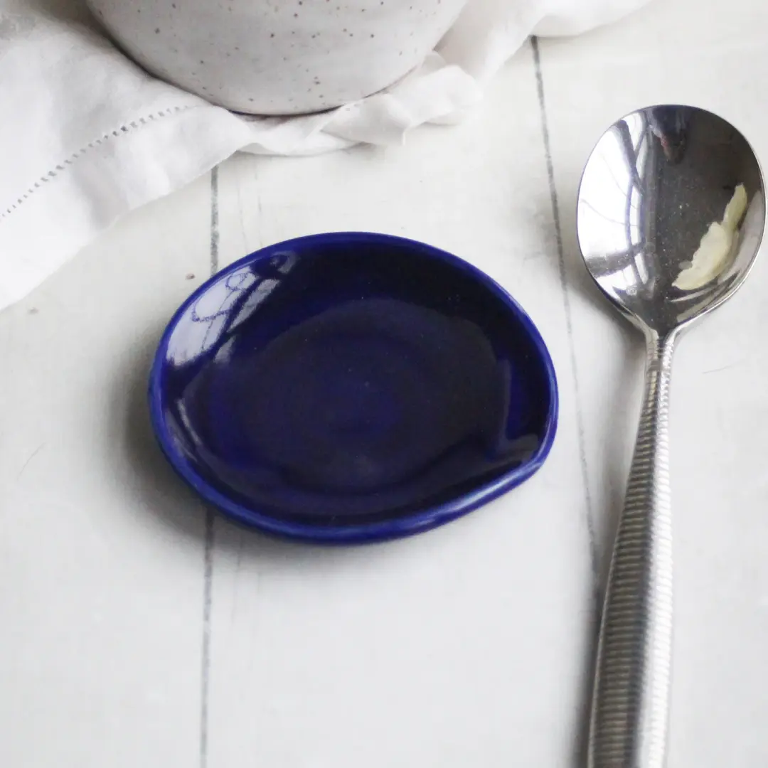 Small Handmade Ceramic Spoon Rest in Navy Blue Glaze, Made in USA