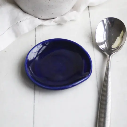 Small Handmade Ceramic Spoon Rest in Navy Blue Glaze, Made in USA
