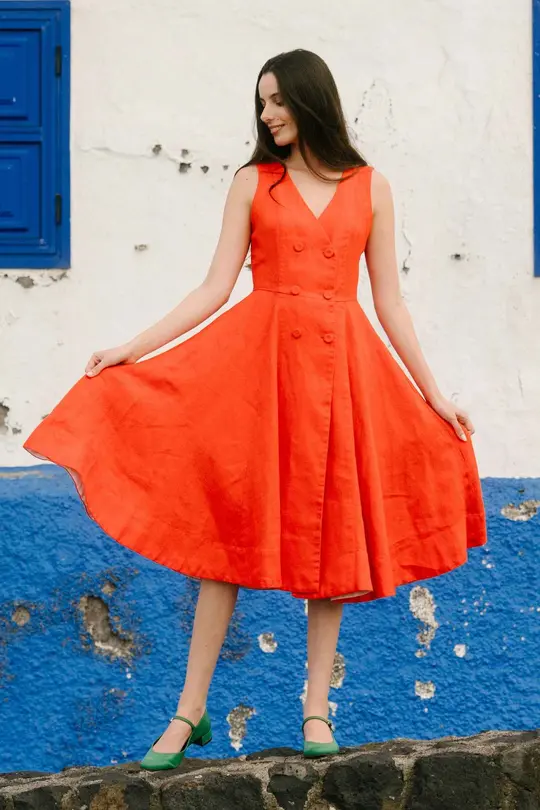 Rosa – Midi Linen Dress with Double-Button Front