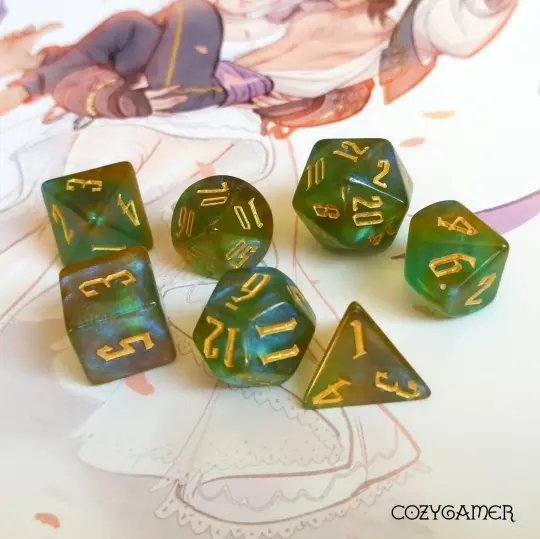 Spell Components Dice Set – 7-Piece Multicolor Shimmer Fantasy Font DnD