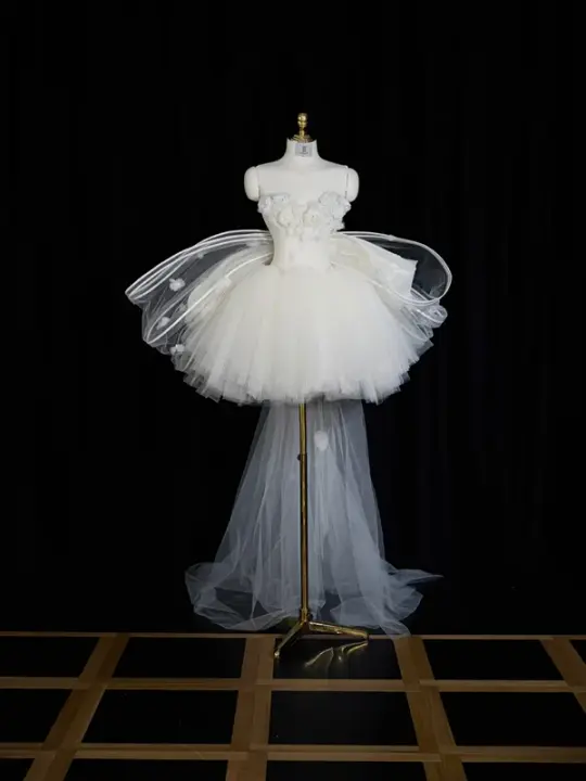 White strapless, fitted waist, short ball gown with a full skirt R8954