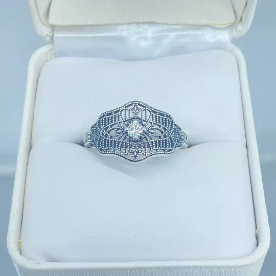 Faux Diamond Ring, Size 7.5, Moissanite Gemstone, Art Deco Vintage Style Jewelry #D218 - Ready to Ship