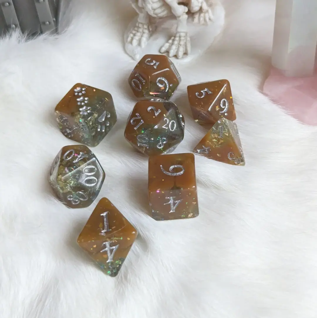Sulfur Pool Dice Set – 8-Piece Teal Brown Opal Flakes Gold Foil Paw Print D6