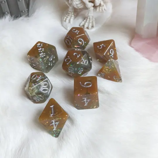 Sulfur Pool Dice Set – 8-Piece Teal Brown Opal Flakes Gold Foil Paw Print D6