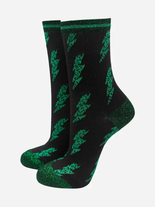 Lightning Bolt Women's Bamboo Socks - Black/Green
