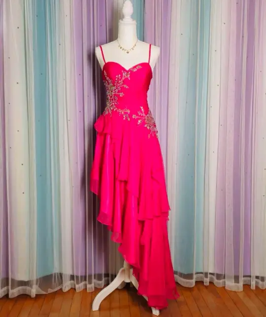 Hot Barbie Pink Ruffled A-Line Spaghetti Straps Asymmetrical Hem Embroidery Corset Party Dress Prom Dress RS548