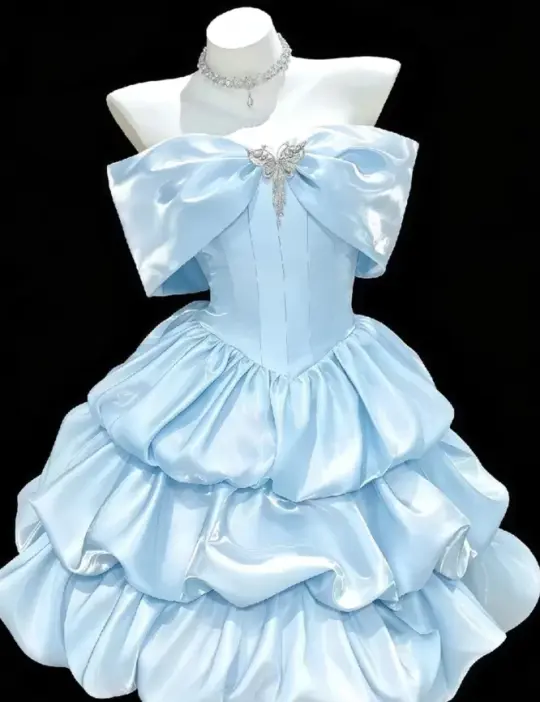 Ruffled Satin Silky Corset Homecoming Dress , Sparkly Blue Short Prom Dress RS2088
