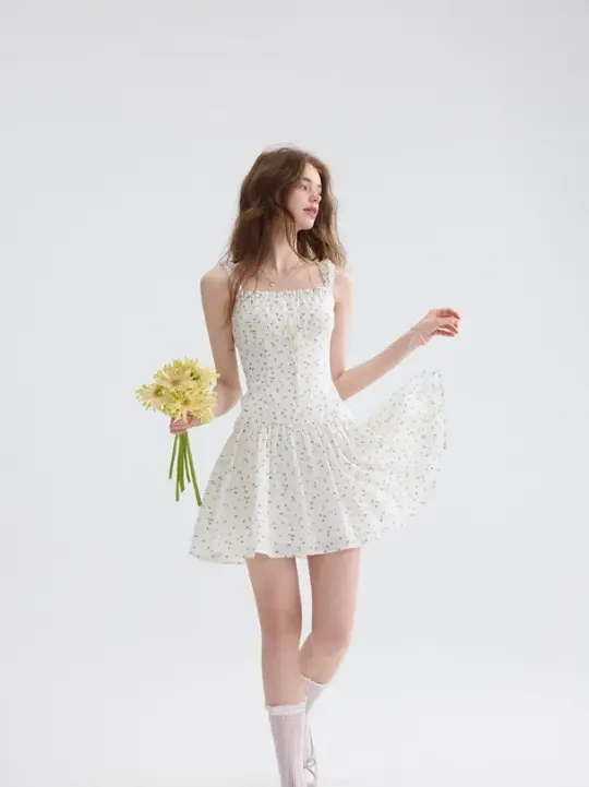 French floral suspender skirt pastoral style dress short skirt holiday style skirt R2756