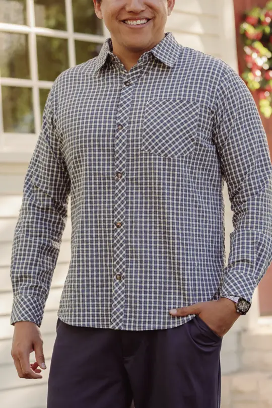Mens John Shirt in Prussian Blue Plaid