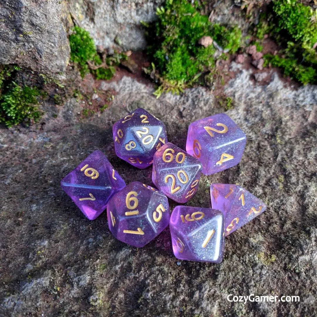 Amethyst Sparkles Dice Set – 7-Piece Translucent Purple Iridescent Blue Glitter