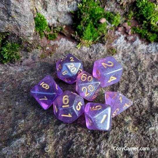 Amethyst Sparkles Dice Set – 7-Piece Translucent Purple Iridescent Blue Glitter