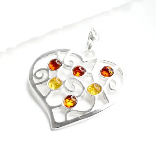 Silver Heart Filigree With Amber Pendant
