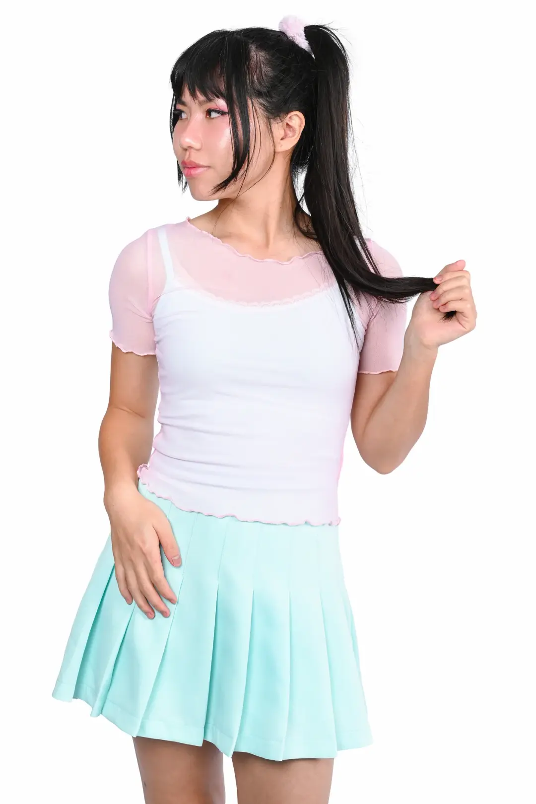 Basics Short Sleeve Mesh Top and Cami Set  - Pink/Mint