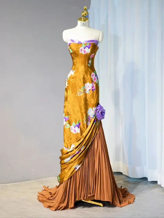 Mustard yellow strapless fitted long ball gown, bridal dress R9016