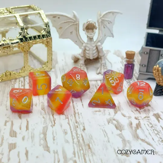 Summer Sunset Dice Set – 7-Piece Clear Resin Layered Glitter Bright Colors DnD
