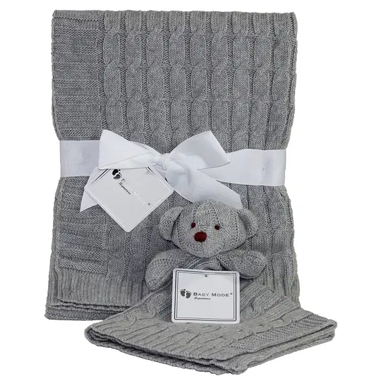 Baby Mode Signature Baby Cable Knit Baby Blanket Gift Set, Gray
