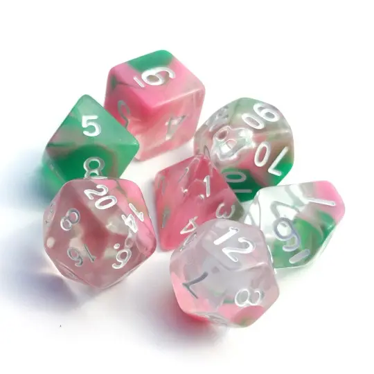 Spring Marble Dice Set – 7-Piece Acrylic Clear Opaque Pink Green DnD Dice