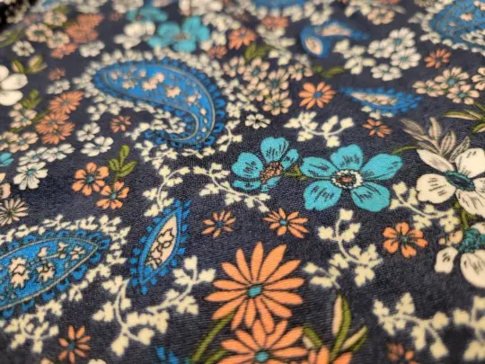 Navy Pink and White Paisly Floral Knit - By the Yard