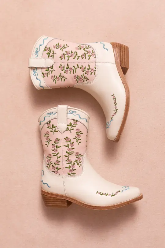 Mini Rosemary Cowgirl Boots in Cream & Pink