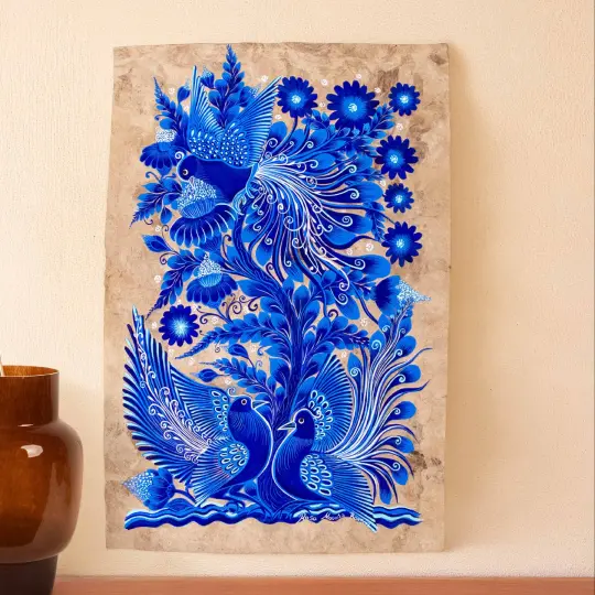 Hand-Painted Papel Amate Xalitla Painting by Rosa